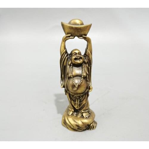 CHINA antique brass fengshui Maitreya Buddha YUANBAO small Statue Metal crafts family decorations statue