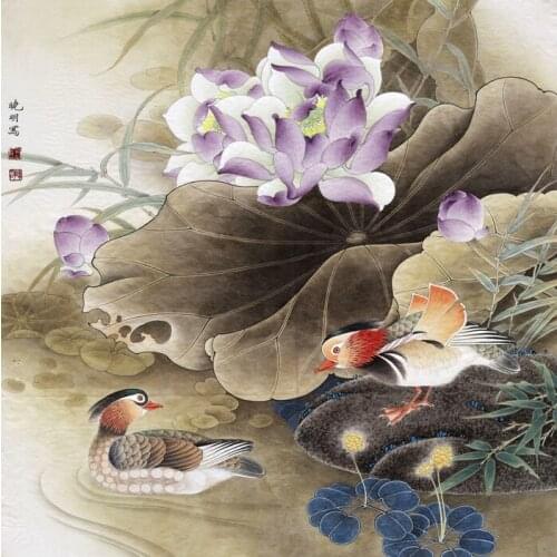 Chinese classical lotus mandarin duck water scenery oil painting canvas printings printed on canvas wall art decoration picture