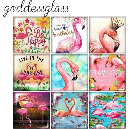 Beauty Flamingo Birds Fashion 10pcs mixed 12mm/20mm/25mm/30mm Square photo glass cabochon demo flat back Making findings