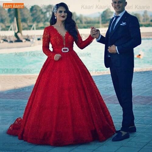 Dubai Red Lace Wedding Dress V Neck Long Sleeves 2021 vestido de noiva Cinderella marry Bridal Gowns Custom Made robe de mariage