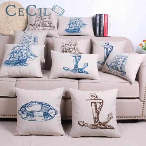 Cushion Cover Navigation Navy Blue Nautical Anchor Sailboat Pillow Cover Sailor Linen Cotton Pillowcase Sofa Home Decoration