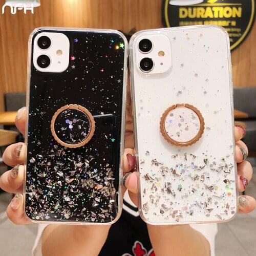 Luxury Glitter Ring Holder Phone Case For iPhone12 Mini 11 Pro X XR Xs Max SE 5 5S 6 6S 7 8 Plus Transparent Sequins Back Cover