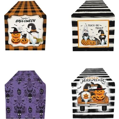 Halloween Faceless Gnome Pumpkin Print Table Runner Flag Farmhouse Cotton Linen Striped Rectangle Tablecloth Scarf Dropship