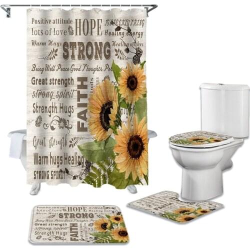 Sunflower Text Wood Board Texture Print Shower Curtain Carpet Cover Toilet Cover Bath Mat Pad Set Bathroom Curtain Home Decor