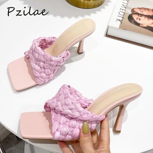 Pzilae New Handmade Weave Slippers Women Square Toe Thin High Heels Sandals Summer Party Shoes Runway T-Show Slides Candy Colors