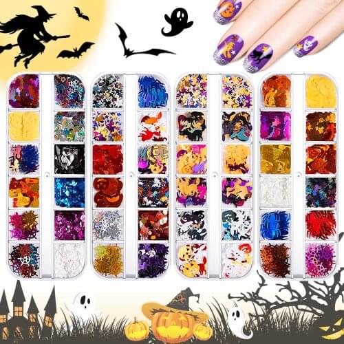 Halloween Day Holographic Nail Art Decoration Jack-o-lantern Skeleton Witch Skull Spider Glitter Sequin Holiday Nail Accessories