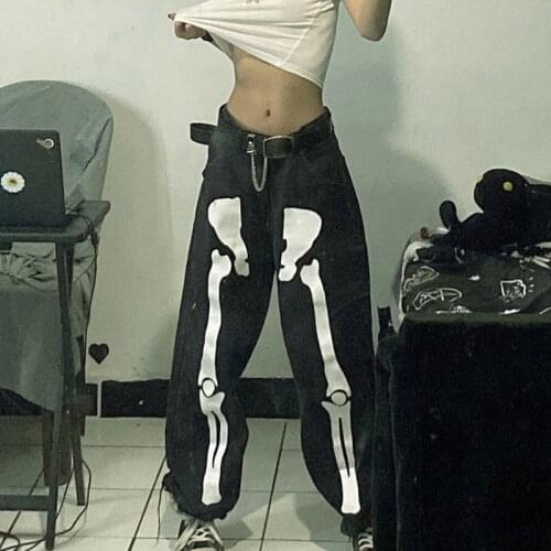 Skull Print Jeans Women Black Gothic Wide Leg Denim Trousers Y2K Hip Hop Low Wasit Harem Pants Punk Techwear Grunge Emo Pants