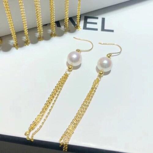 Sinya Au750 18k Gold tassel hoop earring with Natural Round pearls Fashion design jewelry for women ladies Mum best gift New