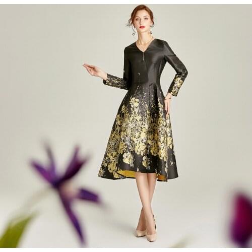 2021 Spring Autumne Women V Neck Full Sleeve Dobby Floral Long Black Dress , Elegant Woman Clothes Slim High Waisted Dresses