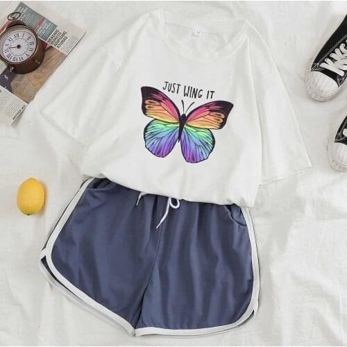 Two Piece Nightwear Women Set Sleepwear Sleep Tops Pijamas Butterfly Print Top Shorts for Women Ladies Pajamas Set Female