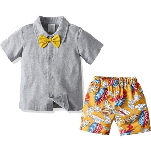 2020 New Summer Baby Boys Clothing Childrens Cotton Shirt Bow Tie Shirt Print Shorts Suit 3pcs Kids Boys Clothes Gentleman Suit