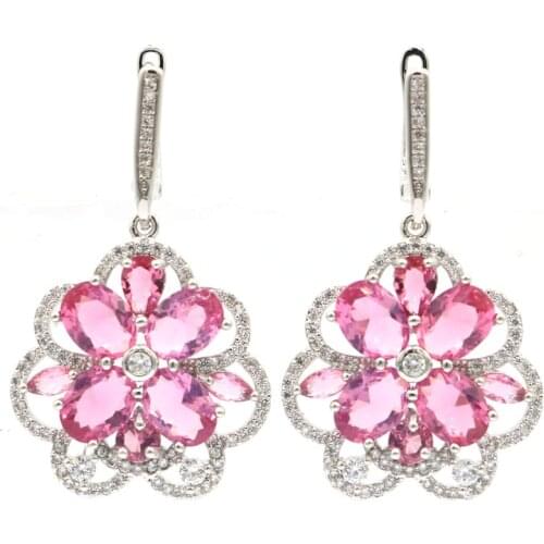 40x29mm SheCrown Beautiful 12.5g Flowers Shape Created Pink Tourmaline London Blue Topaz CZ Dating Silver Earrings