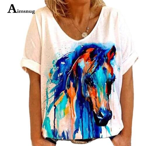 Aimsnug Plus Size Ladies Elegant Leisure Casual T-shirt Art Horse Print Womens Top Latest Summer Loose Tees shirt Clothing 2021