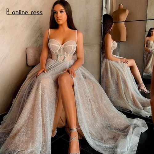 Bbonlinedress Sparkly Long Prom Dresses 2020 Spaghetti Strap High Split Girl Wear Party Dress 2020 robe de soiree