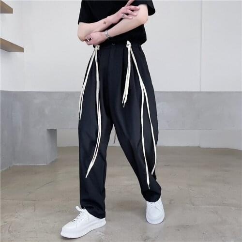 Designer Style Personality Design Tassel Strap Casual Suit Pants Mens Streamer Tie Wide Loose Trousers Wide Leg Pants