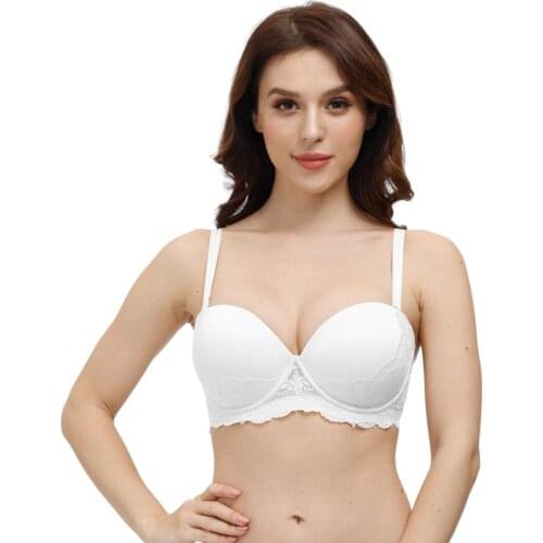 Sexy Pure White Women Everyday Bras Push Up Thick Padded Strapless Lace Bra Halter Anti-slip Silicone Straps Adjusted 1/2 Cups