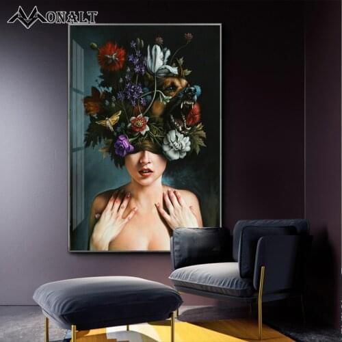 Colorful Flowers Bee Animal on The Sexy Woman Mans Head Vintage Poster Abstract Art Print Design Canvas Painting for Bedroom
