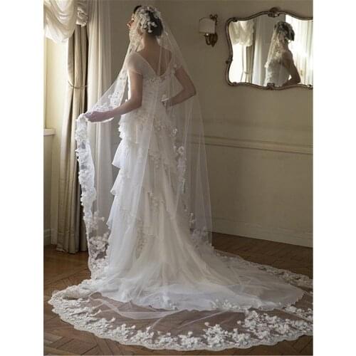 Spot Long Bridal Veil One Layer White/Ivory Blusher Velos de Noiva Beads Lace 3D Flowers Wedding Veil 3/4 Meter Elegant 2021 New