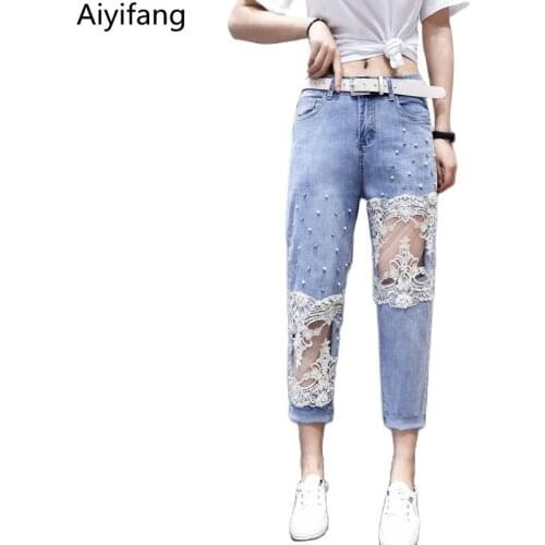 New Womens Denim Loose Ankle-Length Trousers Summer Beading Hole Lace Patchwork Elasticity Jeans Fashion High Waist Cross Pants