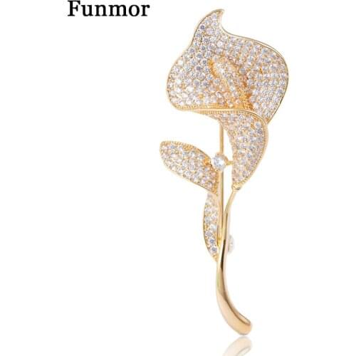 Funmor Exquisite Flower Shape Brooch Cubic Zircon Jewelry Women Men Collar Coat Dress Scarf Hat Pins Banquet Accessories Gifts