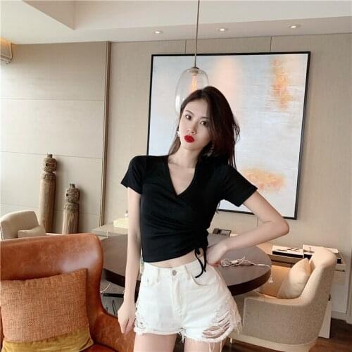 New Spring Summer V-Neck Short Sleeve Female T-shirt Sexy Club Slim Crop Top Drawstring Tie Black White Shirt