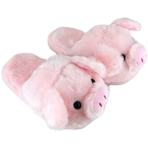 HKSNG Cute Cartoon Home Women Fur Pink Pig Slippers Winter Warm Plush Floor Slides House Flat Bedroom Women