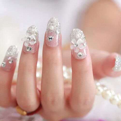 24pcs/set Artificial Bride 3D False Nails, Wedding French Diamond Finger Fake Nail Tips