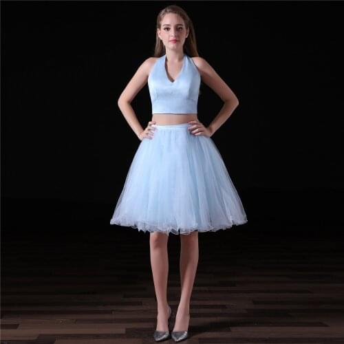 JaneVini Elegant A Line Two Pieces Short Homecoming Dresses for Girls Halter Sleeveless Tulle Plus Size Junior Dress Knee Length