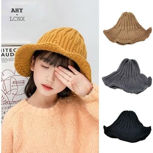 Korean Thicken Lovely Kids Knitted Bucket Hat Warm Cotton Wool Baby Childrens Boy Girl Witch Cap Autum Winter Fishermans Hat