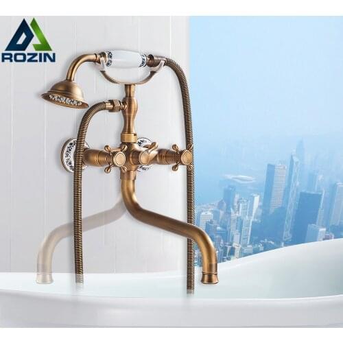 Brass Antique Tub Faucet In Wall 30cm Long Spout Bathtub Mixer Tap Brass Rotate Long Nose Bath Shower Set Ceramic Handshower