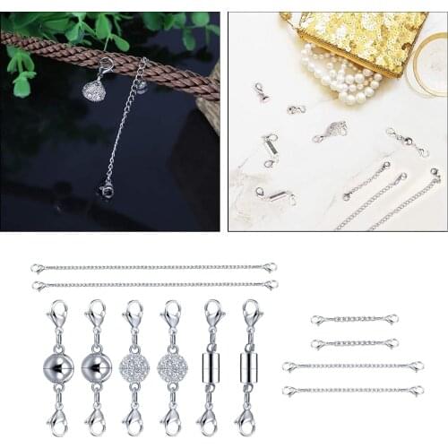 12x Magnetic Jewelry Clasp for Necklace Bracelet Silver Magnetic Lobster Clasps Anti-lost Lock with Extension Extender Chains