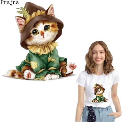 Prajna Cute Cat Clothing Stickers Iron-On Transfers Vinyl Thermal Cartoon Sticker Patch DIY PVC Kids T-shirts Clothes Appliques
