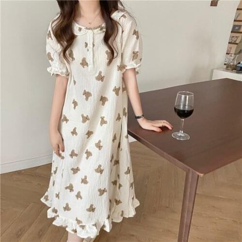 Sweet bear cartoon women nightgowns short sleeve loose crepe cotton sleepwear dress summer homewear home clothes vestidos Y680