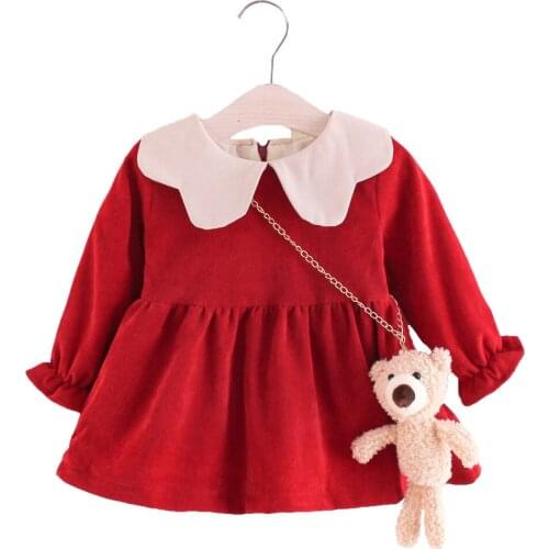 Toddler Autumn Winter Warm Girls Dress Plus Fleece Bring A Bear Plush Toy Kids Clothing 1-4 Years Old Children Birthday Present