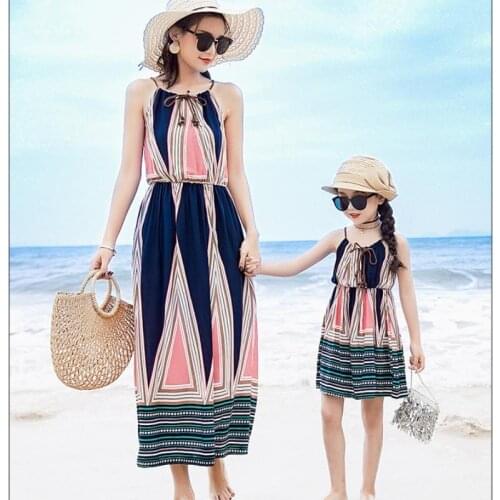 Parent-child dress summer bohemian one-piece dress vestido fashion harness leak back sleeveless waist shoulder dress