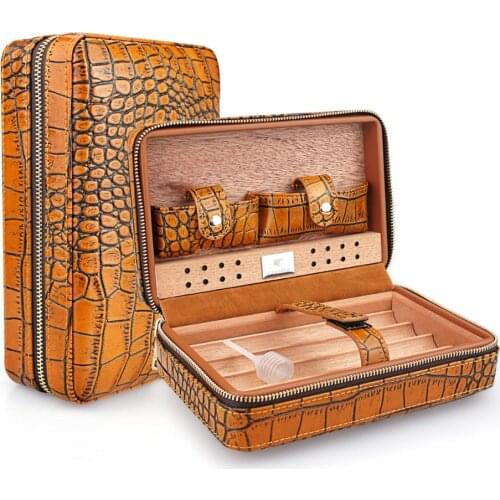 Portable Leather Travel Cigar Case Cedar Wood Lined Cigar Humidor without Cigar Lighter and Cigar Cutter