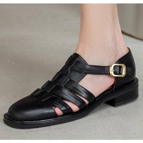 Womens genuine leather narrow band Woven cage t-strap flats round toe retro female soft comfortable casual summer sandals shoes