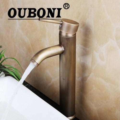 OUBONI Bathroom Faucet Deck Mounted Tall Ceramic Polished Antique Brass Bathroom Basin Sink Mixer Tap Faucet