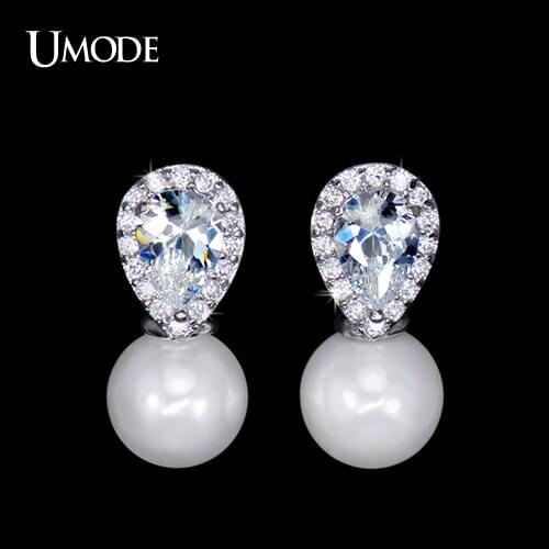 UMODE Ladies Small Pear CZ Simulated Pearl Stud Earrings with Lovely Design for Wedding & Party Bridal Jewelry for Female UE0122