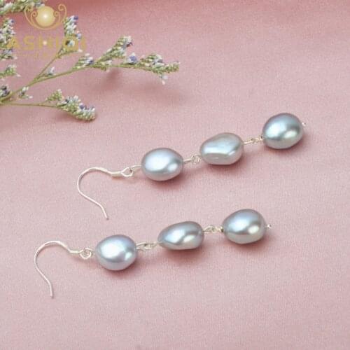 ASHIQI Natural Baroque Freshwater Pearl Long Drop Earrings For Women Handmade 925 Sterling Silver Jewelry Party Gift