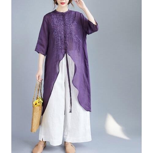 Women Summer Cotton Linen Long Shirts New Arrival 2020 Arts Style Vintage Embroidery Oversized Female Loose Casual Tops S1832