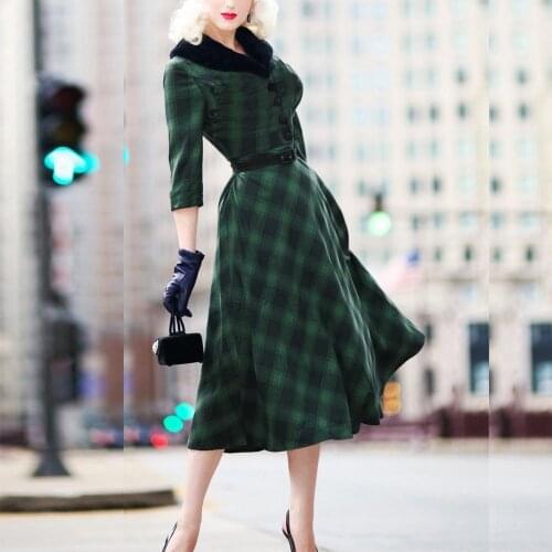 OTEN Womens Faux-fur Button 3/4 Sleeve Red/green Plaid Vintage Rockabilly Retro Autumn and Winter Swing Cocktail Party Dress