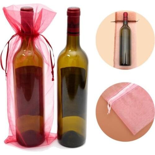 100pcs 15x38cm Gold Drawstring Organza Wine Bags For Wedding Party Gift Champagne Bottle Holder Pouches free shipping