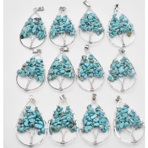 Wholesale 12pcs/lot fashion good turquoises quality tree of life handmade wire wrapped drop shape Pendants for jewelry marking