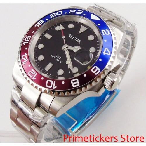 40mm bliger black dial GMT red blue Bezel date automatic mens watch sapphire glass