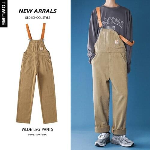 Free Shipping Khaki Jeans Pants Men Cool Overalls Couple Retro Streetwear Rompers Pocket Full Length Trousers Male Cool Jumpsuit