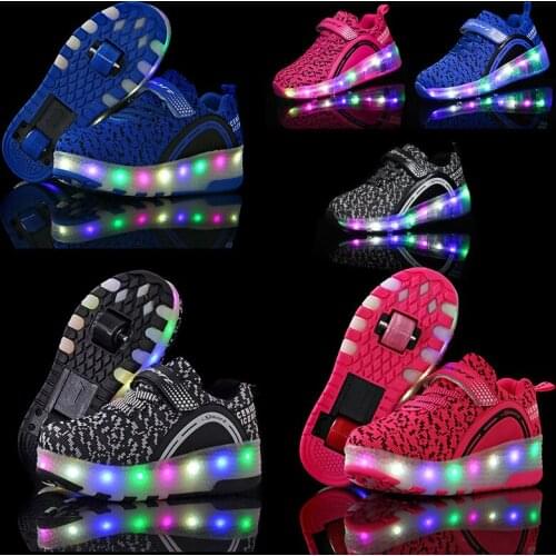Children One Two Wheels Luminous Glowing Sneakers Gold Pink Led Light Roller Skate Shoes Kids Led Shoes Boys Girls USB Charging