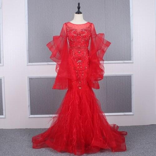 Real Image Mermaid Evening Dresses Long Luxury 2020 Crystals Ruffles Feathers Champagen Red Carpet Formal Gown