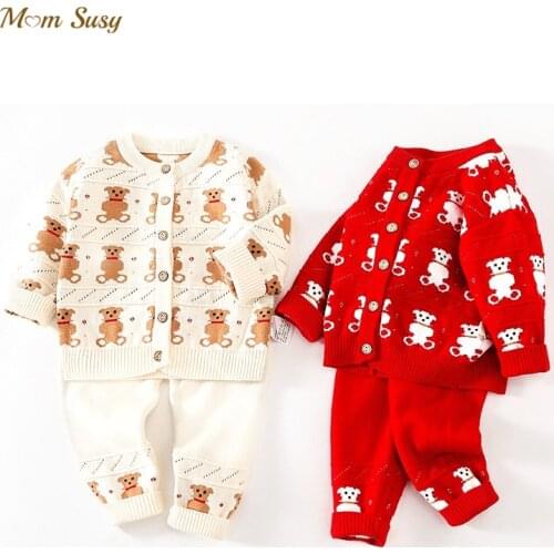 Baby Girl Boy Cotton Knitted Clothes Set Cardigan+Pant 2PCS Bear Print Infant Toddler Long Sleeve Clothing sets Outfit 1-2Y