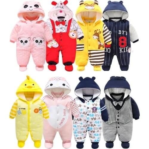 Baby Girl Romper Winter New Casual Toddler Boys Cartoon Animals Long Sleeve With Hooded Warm Thickened Button Pajama For 0-12M